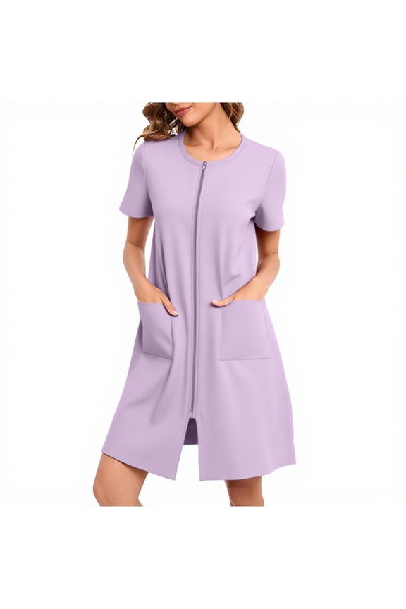 Womens House Dress Duster Short Sleeve House Coat Zipper Front Robes Midi Length Nightgowns with Pockets Loungewear