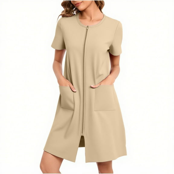Womens House Dress Duster Short Sleeve House Coat Zipper Front Robes Midi Length Nightgowns with Pockets Loungewear