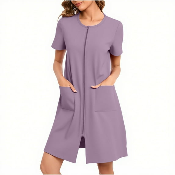 Womens House Dress Duster Short Sleeve House Coat Zipper Front Robes Midi Length Nightgowns with Pockets Loungewear