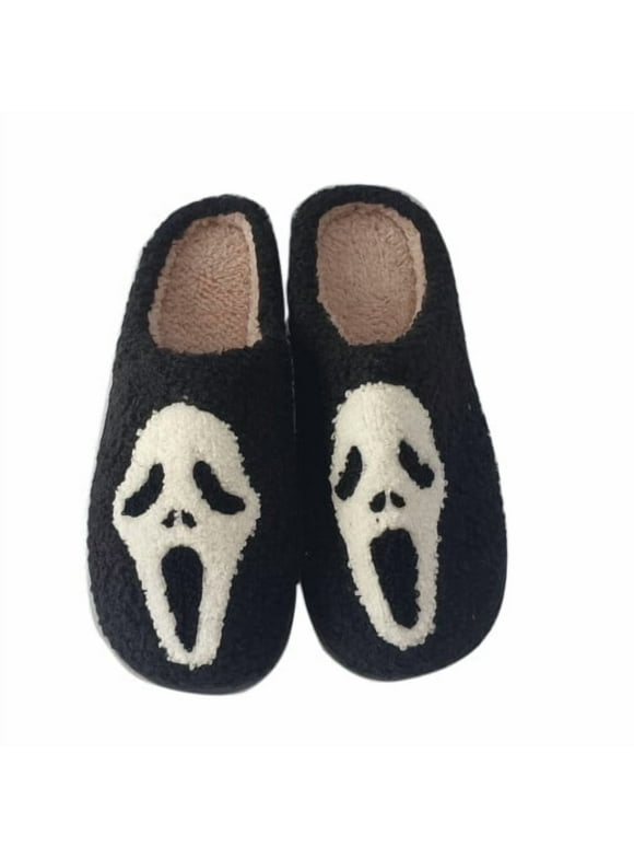 Halloween Skull Warm Slippers For Women Men,Ghost Face Memory Foam Cozy Anti-Slip House Shoes Indoor Outdoor Size 7