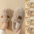 thumbnail image 1 of Womens House Slippers Non-Slip Flat Heel Closed Toe Slip-on Flats Slides Winter Casual Indoor Outdoor Home Warm Woolen Flats Shoes for Couples Coffee 9, 1 of 5