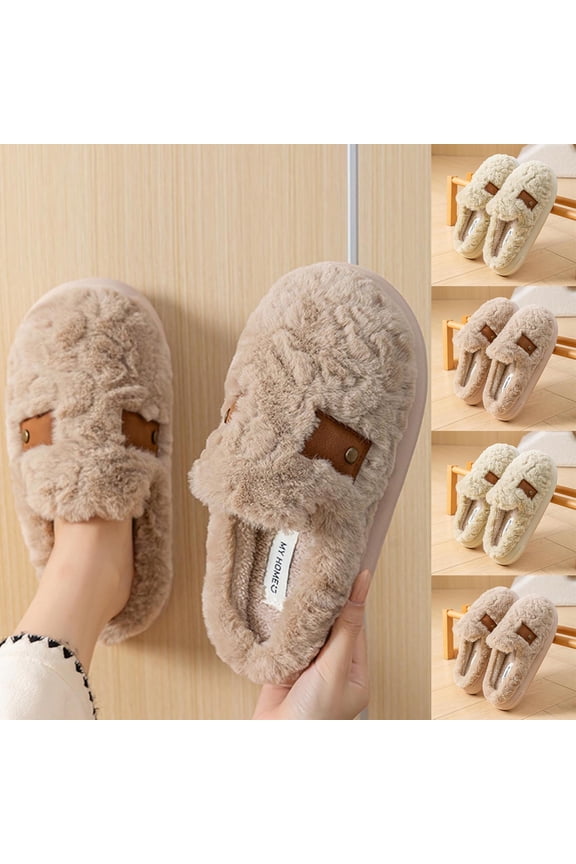 Womens House Slippers Non-Slip Flat Heel Closed Toe Slip-on Flats Slides Winter Casual Indoor Outdoor Home Warm Woolen Flats Shoes for Couples Gray 7