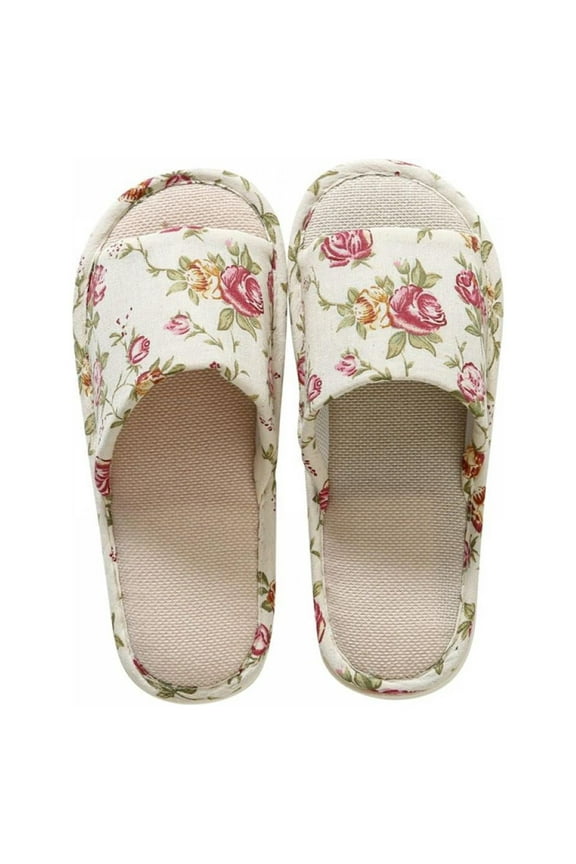 Womens House Slippers, Open Toe Memory Foam Washable Non-Slip Scuff Linen Printing Slippers, Cute Comfy Classic Japanese Slip On Autumn Winter Bedroom Indoor Outdoor Slide, Size 6.5-11