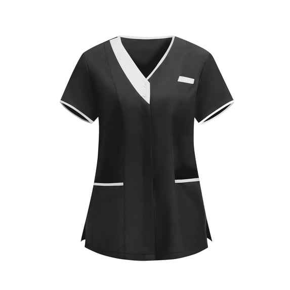 Womens Housekeeping Uniforms Tops Vneck with Button Short Sleeve Scrub Tops Moisture-Wicking Medical Shirts