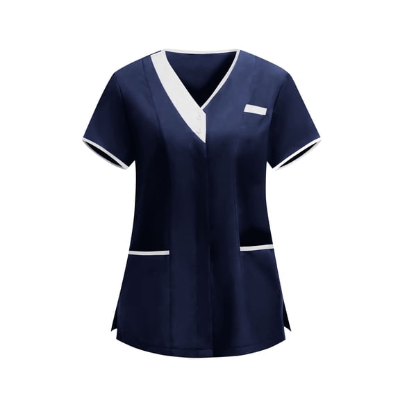 Womens Housekeeping Uniforms Tops Vneck with Button Short Sleeve Scrub Tops Moisture-Wicking Medical Shirts