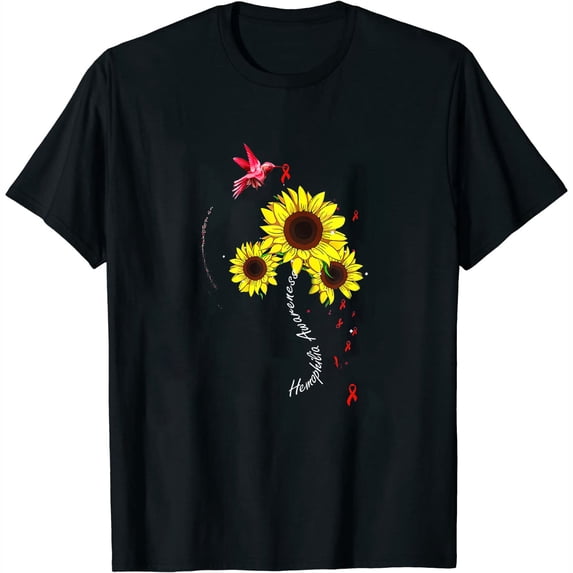 Womens Hummingbird Red Sunflower Hemophilia Awareness T-Shirt Black 2X-Large