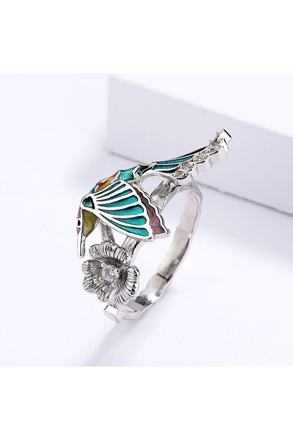 Womens Hummingbird Ring Epoxy Colorful Animal Bird Zircon Inlaid Alloy Drip Pastoral Style Jewelry Hummingbird