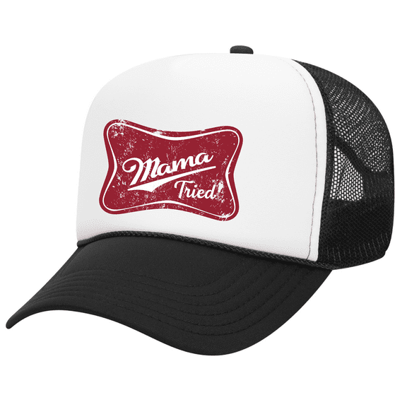 Womens Humorous Funny Red Embroidered Patch Mama Tried Ladies Foam Front Mesh Back Trucker Hat-Black/White/Black