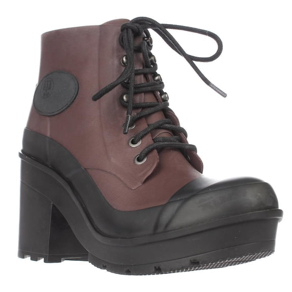 Womens Hunter Original Block Heel Lace Up Rainboots, Umber/Black