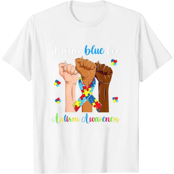 Womens I Wear Blue For Autism Awareness Shirts, Rise Hands Ribbon T-Shirt White X-Large
