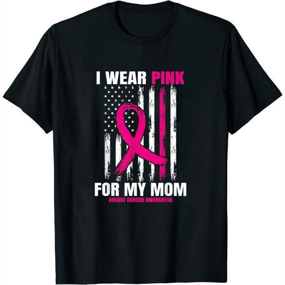 Womens I Wear Pink For My Mom Breast Cancer Awareness American Flag T-Shirt Black X-Large