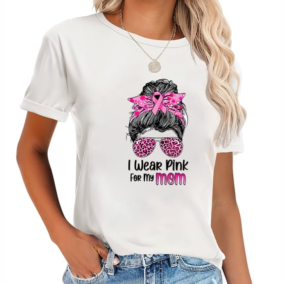 Womens I Wear Pink For My Mom Messy Bun Breast Cancer Awareness T Shirt Black 2X-Large