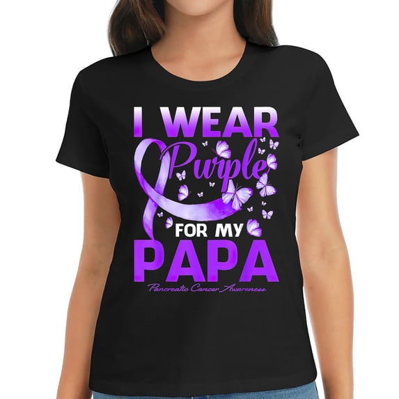 Womens I Wear Purple For My Papa Pancreatic Cancer Awareness T-Shirt Black 2X-Large