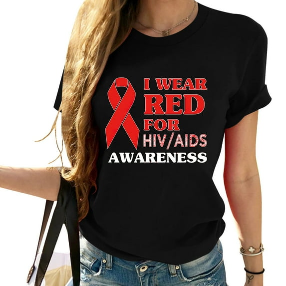 Womens I Wear Red Ribbon For HIV AIDS Awareness Day Short Sleeve T-Shirt Black