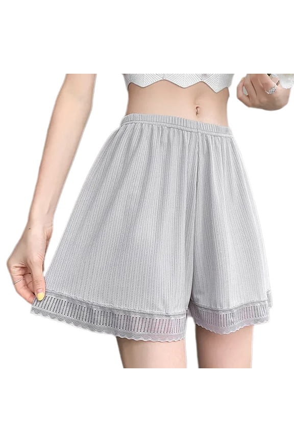 Womens Ice Silk Lace Edge Half Slips Shorts Elastic Waist Wide Leg Safety Pant Underpants Solid Color Pettipants