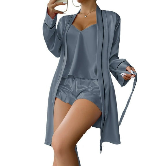 Womens Ice Silk Satin Pajamas,3 Pieces Cami Tops and Shorts with Robe Summer Soft Pajamas Set