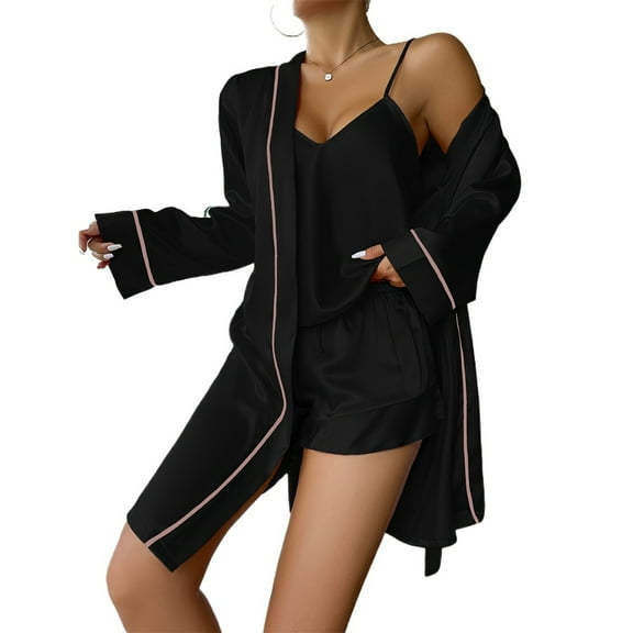 Womens Ice Silk Satin Pajamas,3 Pieces Cami Tops and Shorts with Robe Summer Soft Pajamas Set
