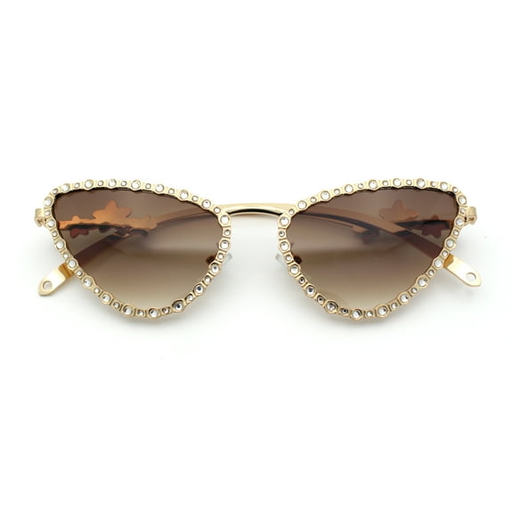 Womens Iced Out Bling Rhinestone Cat Eye Metal Rim Star Arm Sunglasses Gold - Gradient Brown