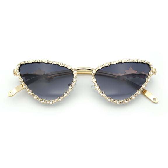 Womens Iced Out Bling Rhinestone Cat Eye Metal Rim Star Arm Sunglasses Gold - Smoke