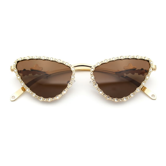 Womens Iced Out Bling Rhinestone Cat Eye Metal Rim Star Arm Sunglasses Gold - Solid Brown