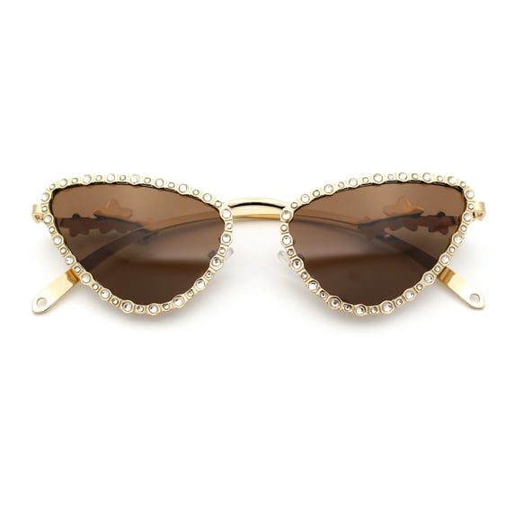 Womens Iced Out Bling Rhinestone Cat Eye Metal Rim Star Arm Sunglasses Gold - Solid Brown