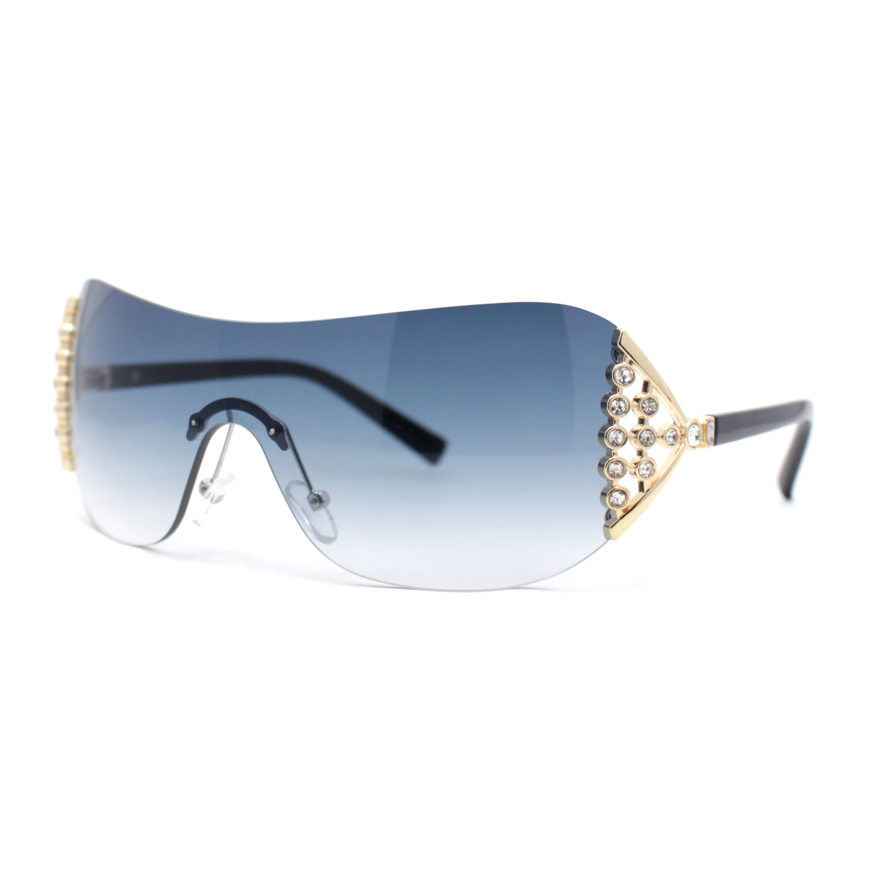 Brown Rhinestone Greek Key Frameless Shield Sunglasses