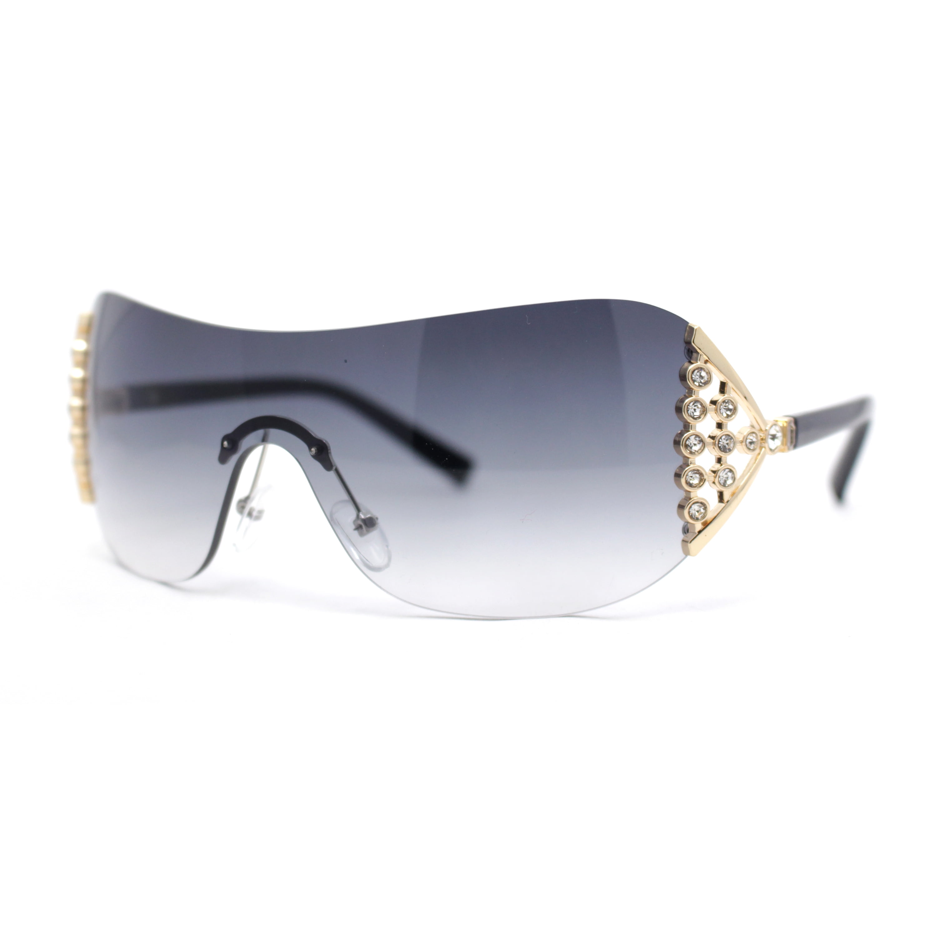 Womens Iced Out Rhinestone Jewel Hinge Curved Wrap Shield Rimless Sunglasses Black Smoke Walmart Business Supplies