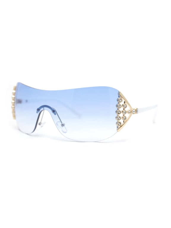 Womens Iced Out Rhinestone Jewel Hinge Curved Wrap Shield Rimless Sunglasses White - Blue