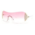 thumbnail image 1 of Womens Iced Out Rhinestone Jewel Hinge Curved Wrap Shield Rimless Sunglasses White - Pink, 1 of 4