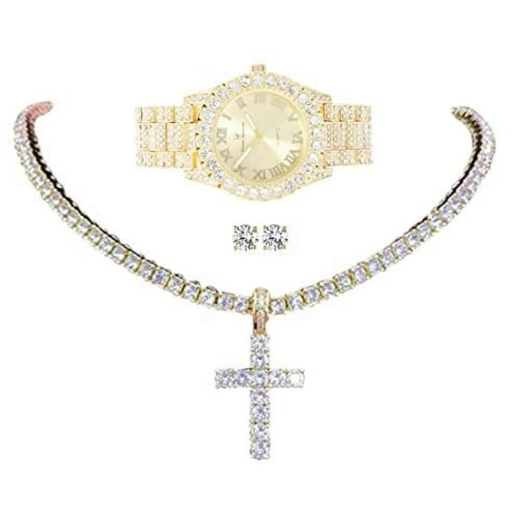 Womens Iced out Watches with Diamond Stud Earrings and Flawless blinged out Cross Tennis Necklace - 3pc Cross Set LA ST10327 Gld Gld (20")