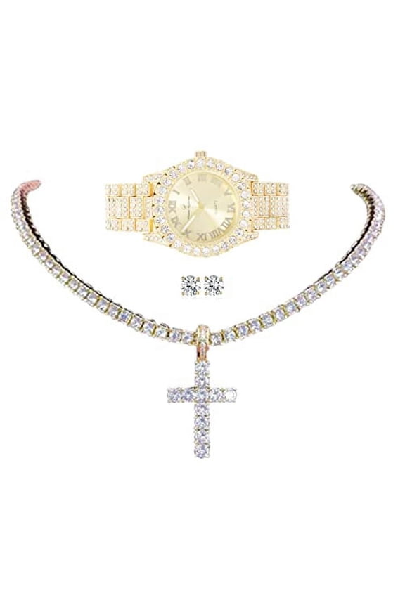 Womens Iced out Watches with Diamond Stud Earrings and Flawless blinged out Cross Tennis Necklace - 3pc Cross Set LA ST10327 Gld Gld (24")