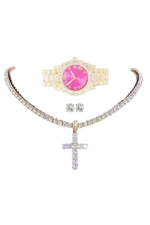 Womens Iced out Watches with Diamond Stud Earrings and Flawless blinged out Cross Tennis Necklace - 3pc Cross Set LA ST10327 Gld Hot Pink (20")