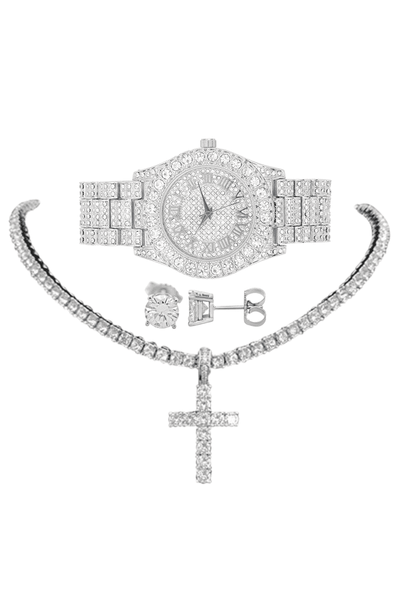 Womens Iced out Watches with Diamond Stud Earrings and Flawless blinged out Cross Tennis Necklace - 3pc Cross Set LA ST10327 RN Slv (24")
