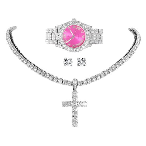 Womens Iced out Watches with Diamond Stud Earrings and Flawless blinged out Cross Tennis Necklace - 3pc Cross Set LA ST10327 Slv Hot Pink (18")