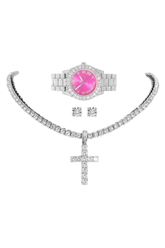 Womens Iced out Watches with Diamond Stud Earrings and Flawless blinged out Cross Tennis Necklace - 3pc Cross Set LA ST10327 Slv Hot Pink (18")