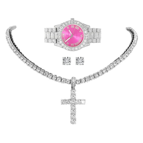 Womens Iced out Watches with Diamond Stud Earrings and Flawless blinged out Cross Tennis Necklace - 3pc Cross Set LA ST10327 Slv Hot Pink (20")