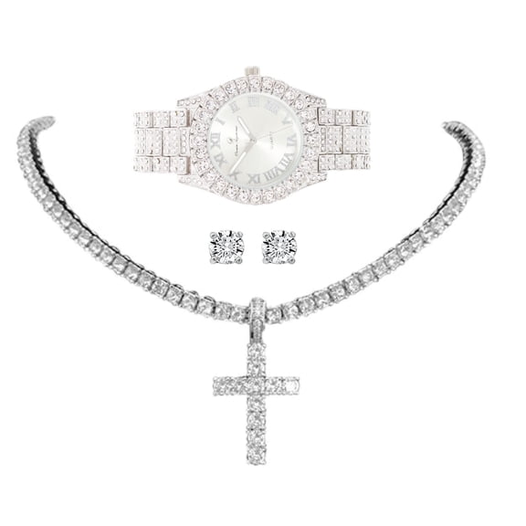 Womens Iced out Watches with Diamond Stud Earrings and Flawless blinged out Cross Tennis Necklace - 3pc Cross Set LA ST10327 Slv Slv (24")