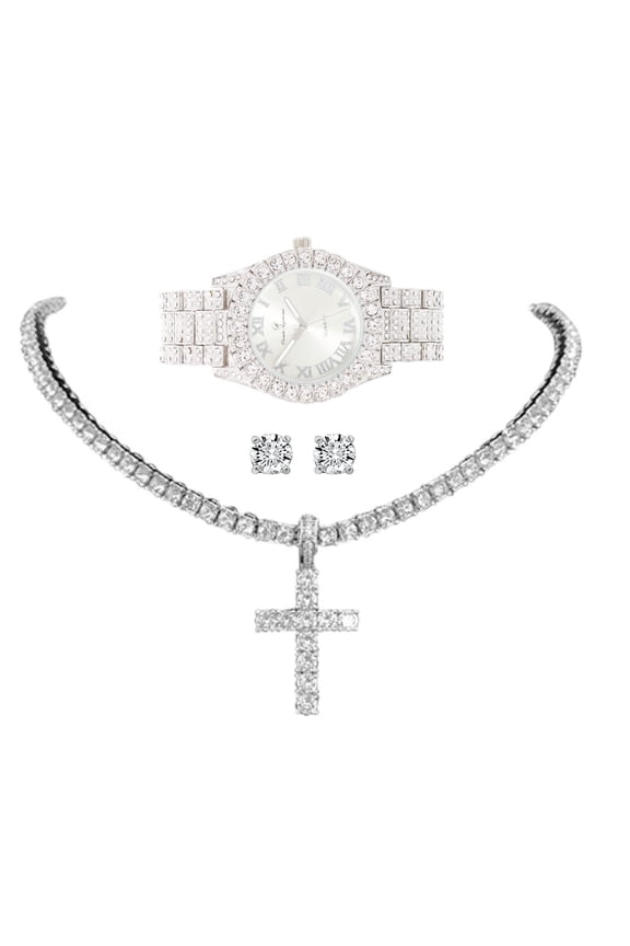 Womens Iced out Watches with Diamond Stud Earrings and Flawless blinged out Cross Tennis Necklace - 3pc Cross Set LA ST10327 Slv Slv (24")