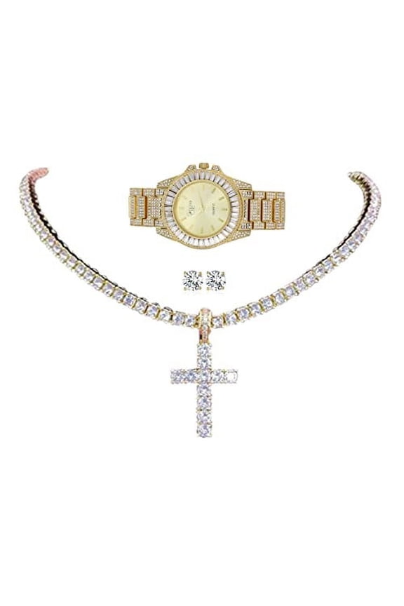 Womens Iced out Watches with Diamond Stud Earrings and Flawless blinged out Cross Tennis Necklace - 3pc Cross Set LA ST10372M Gld Gld (24")