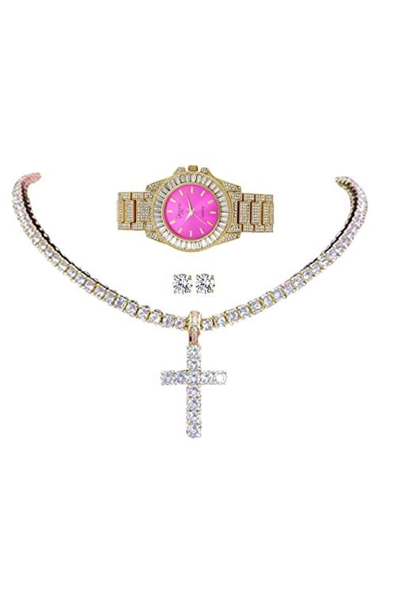 Womens Iced out Watches with Diamond Stud Earrings and Flawless blinged out Cross Tennis Necklace - 3pc Cross Set LA ST10372M Gld Hot Pink (18")