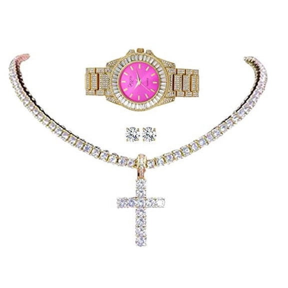 Womens Iced out Watches with Diamond Stud Earrings and Flawless blinged out Cross Tennis Necklace - 3pc Cross Set LA ST10372M Gld Hot Pink (20")