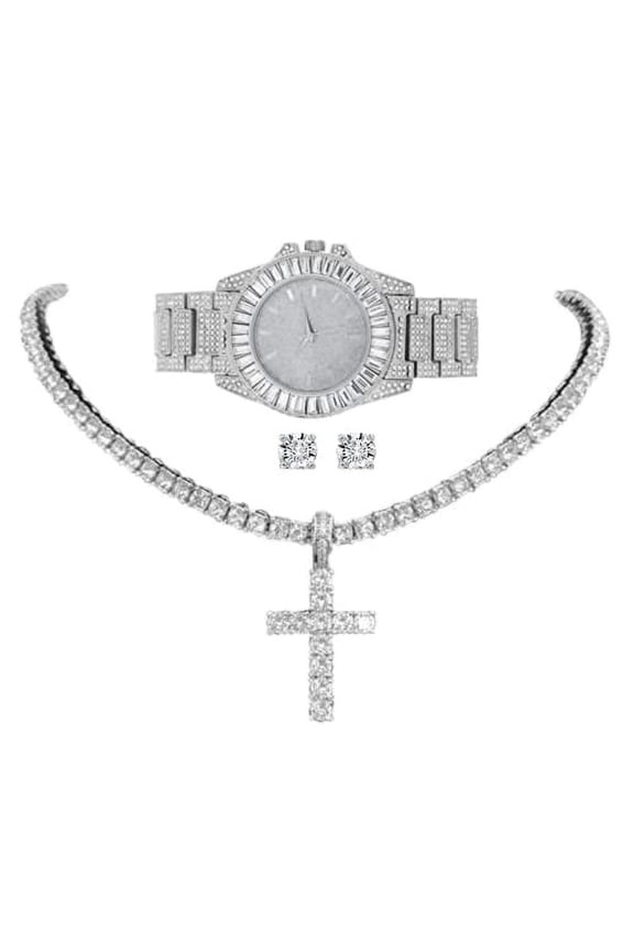 Womens Iced out Watches with Diamond Stud Earrings and Flawless blinged out Cross Tennis Necklace - 3pc Cross Set LA ST10372M Slv Slv (24")