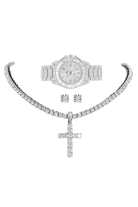 Womens Iced out Watches with Diamond Stud Earrings and Flawless blinged out Cross Tennis Necklace - 3pc Cross Set LA ST10372MBA Slv Slv (24")