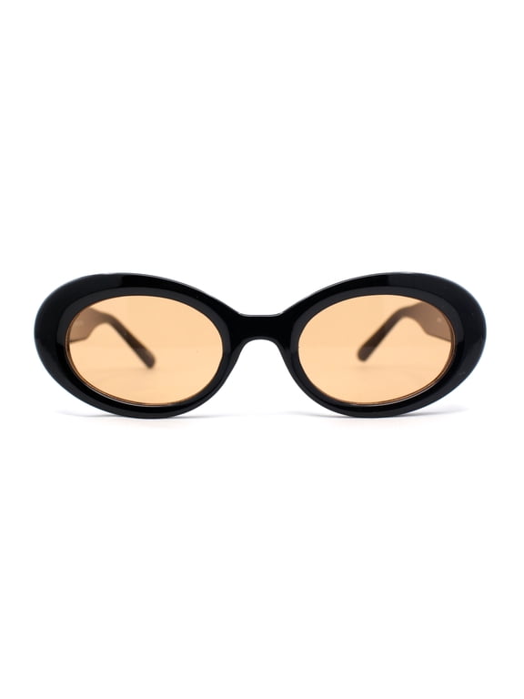 Womens Iconic Mod Thick Plastic Oval Round Classic Sunglasses Black - Light Brown