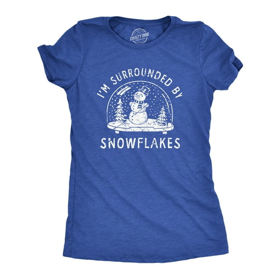Womens Im Surrounded By Snowflakes T Shirt Funny Winter Snowman Snow Globe Tee for Ladies Womens Graphic Tees
