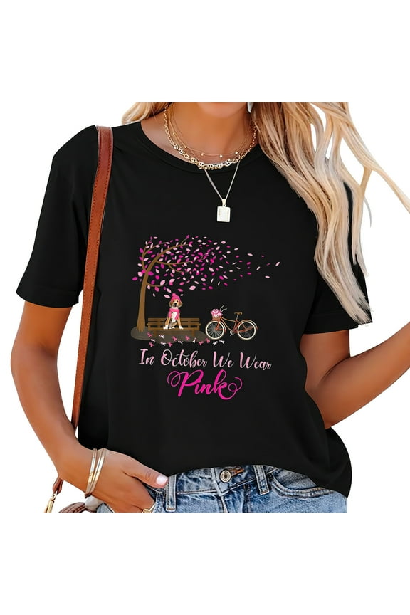 Womens In October We Wear Pink Beagle Fall Leaves Breast Cancer T-Shirt Black