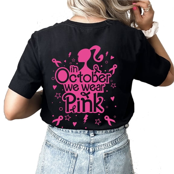 Womens In October We Wear Pink Doll Movie Inspired Breast Cancer Awareness T-shirt-Black-xxxl