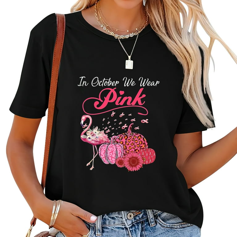 Womens Flamingo In October We Wear Pink Breast Cancer Awareness T-Shirt Womens Flamingo In October We Wear Pink Breast Cancer Awareness T-Shirt