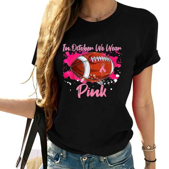 Womens In October We Wear Pink Football Breast Cancer Awareness T Shirt Black