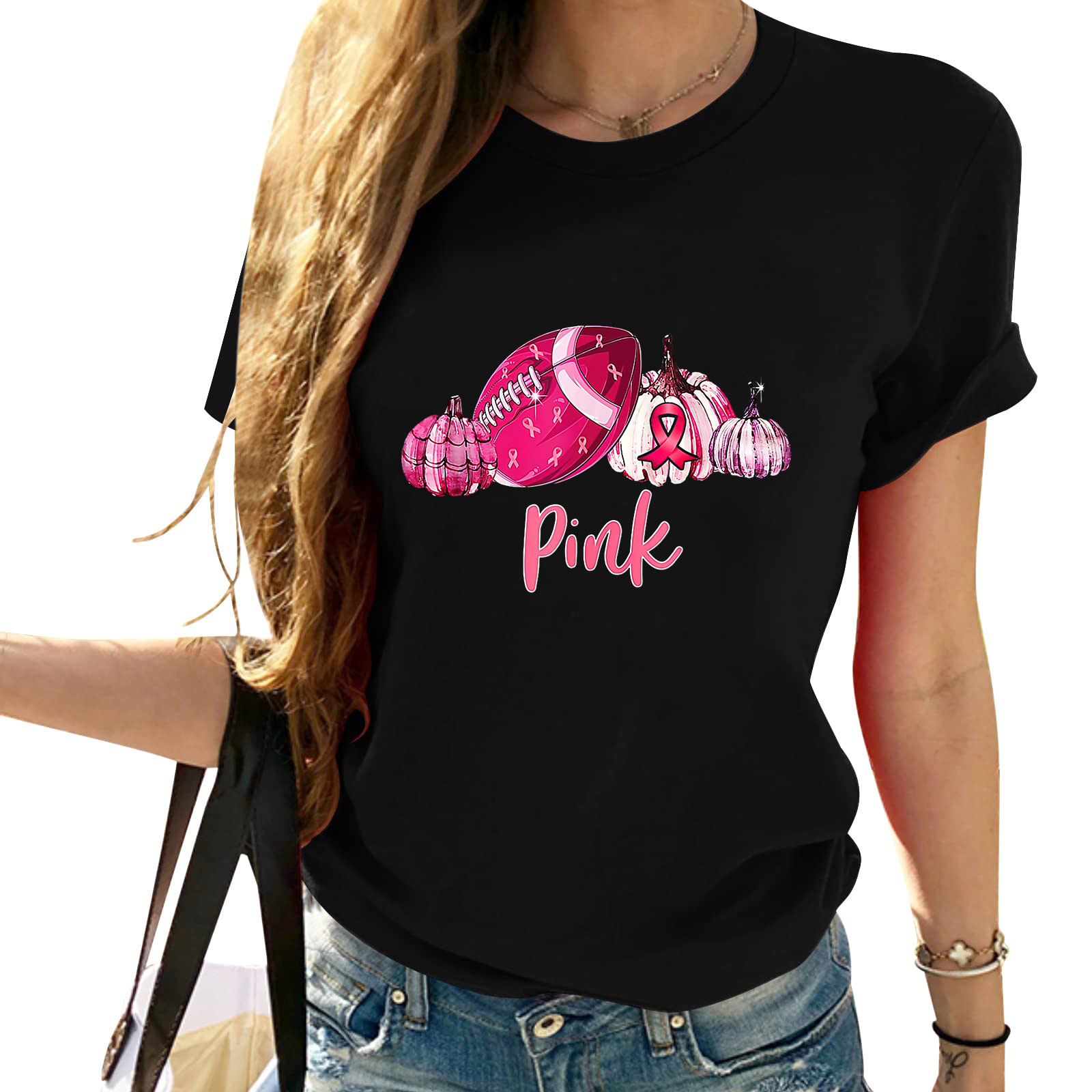 Womens In October We Wear Pink Football Breast Cancer Awareness T Shirt